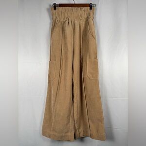 Wide Leg Pull On Corduroy Crop Pants Tan Brown Pockets High Waist Boho Indie Sm